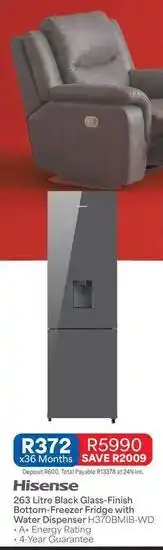 Hisense - 263 litre black glass-finish bottom-freezer fridge with water dispenser hq70dbmb-wd