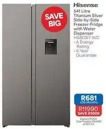 OK Furniture Hisense - 541 litre titanium silver side-by-side freezer-fridge with water dispenser h680sit-wd offer