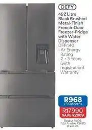 Defy - 492 litre black brushed metal-finish french-door freezer-fridge with water dispenser dff440