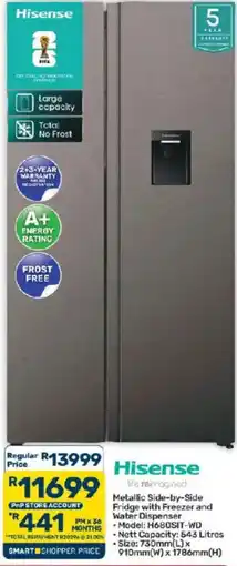 Pick n Pay Hypermarket Hisense Metallic Side-by-Side Fridge with Freezer and Water Dispenser offer