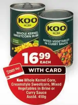 OK Foods Koo Whole Kernel Corn, Creamstyle Sweetcorn, Mixed Vegetables in Brine or Curry Sauce offer