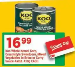 OK Grocer Koo Whole Kernel Corn, Creamstyle Sweetcorn, Mixed Vegetables in Brine or Curry Sauce offer