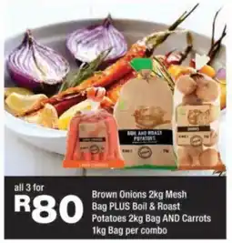 OK urban Brown Onions 2kg Mesh Bag PLUS Boil & Roast Potatoes 2kg Bag AND Carrots 1kg Bag offer