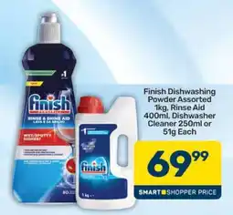 Pick n Pay Finish Dishwashing Powder Assorted 1kg, Rinse Aid 400ml, Dishwasher Cleaner 250ml or 51g Each offer