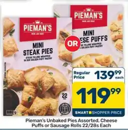 Pick n Pay Hypermarket Pieman's Unbaked Pies Assorted, Cheese Puffs or Sausage Rolls 22/28s Each offer