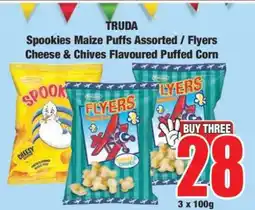 Boxer TRUDA Spookies Maize Puffs Assorted / Flyers Cheese & Chives Flavoured Puffed Corn offer