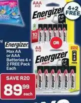 Pick n Pay Energizer - max aa or aaa batteries 4+2 free pack offer