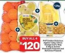 Pick n Pay Golden delicious apples, citrus orange carry bag, pineapple prepack and bananas offer
