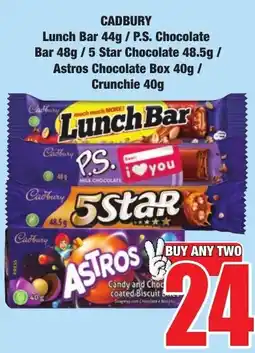Boxer Superstores Cadbury Lunch Bar / P.S. Chocolate Bar / 5 Star Chocolate / Astros Chocolate / Crunchie offer