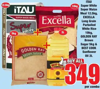 ITAU Super White Super Maize Meal 12.5kg, EXCELLA Long Grain Parboiled White Rice 10kg, GOLDEN RAY Brown Sugar 5kg & BEST COO