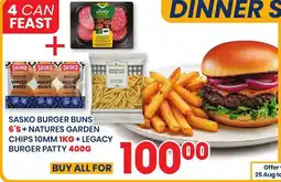 Econo Foods Sasko Burger Buns 6's + Natures Garden Chips 10mm 1kg + Legacy Burger Patty 400g offer