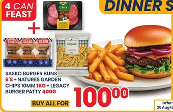 Sasko Burger Buns 6's + Natures Garden Chips 10mm 1kg + Legacy Burger Patty 400g