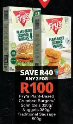 Checkers Fry's Plant-Based Crumbed Burgers/Schnitzels/Nuggets/Traditional Sausage offer