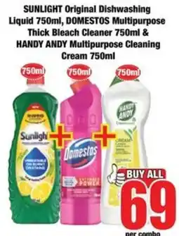Boxer SUNLIGHT Original Dishwashing Liquid, DOMESTOS Multipurpose Thick Bleach Cleaner, HANDY ANDY Multipurpose Cleaning Cream offer