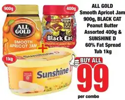 Boxer ALL GOLD Smooth Apricot Jam + Black Cat Smooth Peanut Butter Assorted + Sunshine D 60% Fat Spread offer