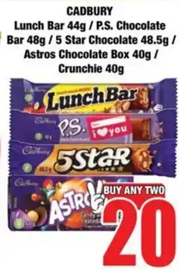 Boxer Cadbury Lunch Bar / P.S. Chocolate Bar / 5 Star Chocolate / Astros Chocolate Box / Crunchie offer