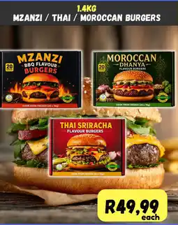 Die Visfabriek Mzansi/ Thai/ Moroccan Flavour Burgers offer