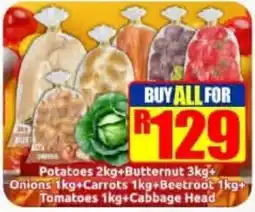 Three Star Cash and Carry Potatoes+Butternut+Onions+Carrots+Beetroot+Tomatoes+Cabbage offer