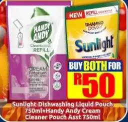 Three Star Cash and Carry Sunlight Dishwashing Liquid Pouch + Handy Andy Cream Cleaner Pouch offer