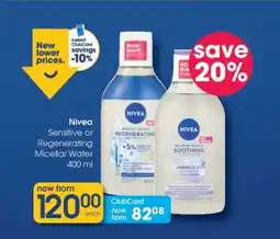 Clicks Nivea Sensitive or Regenerating Micellar Water 400 ml offer