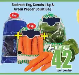 Boxer Beetroot 1kg, Carrots 1kg & Green Pepper Count Bag offer
