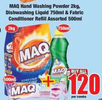 Boxer MAQ Hand Washing Powder 2kg, Dishwashing Liquid 750ml & Fabric Conditioner Refill Assorted 500ml offer