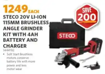 STECO 20V LI-ION 115MM BRUSHLESS ANGLE GRINDER KIT WITH 4AH BATTERY AND CHARGER