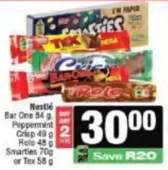Nestlé Bar One Peppermint Crisp Rolo Smarties or Tex