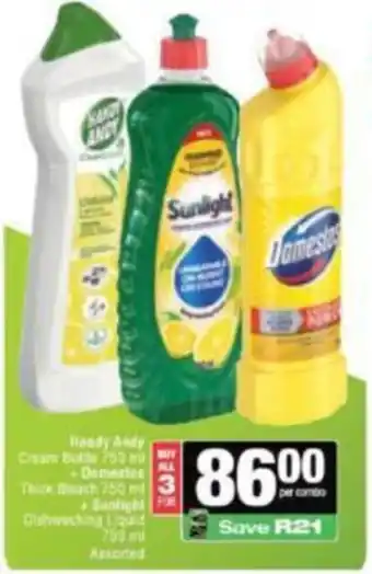 Handy Andy Cream Bottle + Domestos Thick Bleach + Sunlight Dishwashing Liquid Assorted