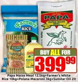 Three Star Cash and Carry Papa Maize Meal Farmer's White Rice Polana Macaroni Sunstar Oil offer