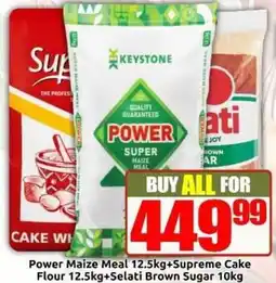 Three Star Cash and Carry Power Maize Meal+Supreme Cake Flour+Selati Brown Sugar offer