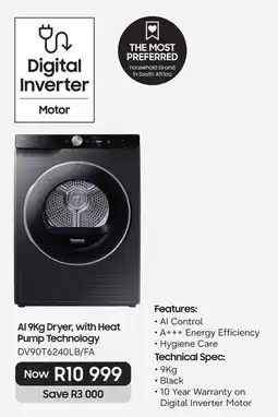 Samsung AI 9Kg Dryer, with Heat Pump Technology offer