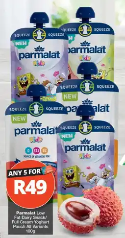 Checkers Parmalat Kids Low Fat Dairy Snack/Full Cream Yoghurt Pouch offer