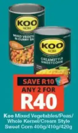 Checkers Koo Mixed Vegetables/Peas/Whole Kernel/Cream Style Sweet Corn offer