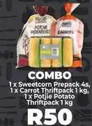 Food Lover's Market Sweetcorn prepack 4s, carrot thriftpack 1 kg, potjie potato thriftpack 1 kg offer
