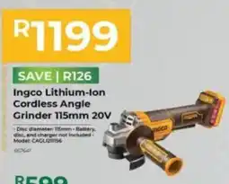 Agrimark Ingco Lithium-Ion Cordless Angle Grinder 115mm 20V offer
