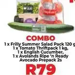 Food Lover's Market Summer salad pack, tomato thriftpack, english cucumber, avocado prepack offer