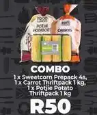 Food Lover's Market Sweetcorn prepack 4s, carrot thriftpack 1kg, potjie potato thriftpack 1kg offer