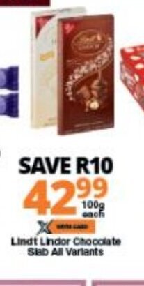 Lindt Lindor Chocolate Slab All Variants 100g offer at Checkers