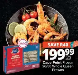Checkers Cape Point Frozen 26/30 Whole Queen Prawns offer
