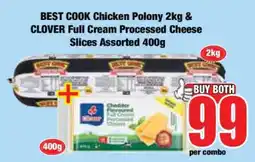 Boxer BEST COOK Chicken Polony 2kg & CLOVER Full Cream Processed Cheese Slices Assorted 400g offer