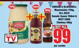 Boxer CROSSE & BLACKWELL Mayonnaise 750g, ALL GOLD Tomato Sauce 700ml & BEST COOK Chutney 460g offer