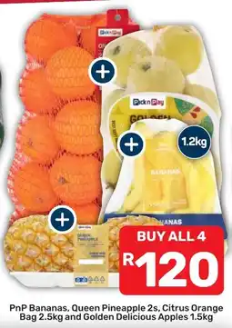 Pick n Pay PnP Bananas, Queen Pineapple 2s, Citrus Orange Bag 2.5kg and Golden Delicious Apples 1.5kg offer