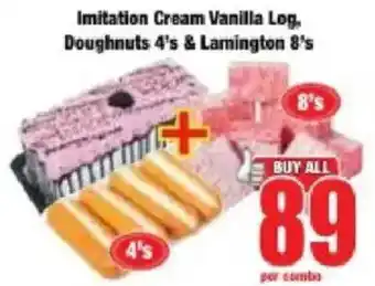 Imitation Cream Vanilla Log, Doughnuts 4's & Lamington 8's