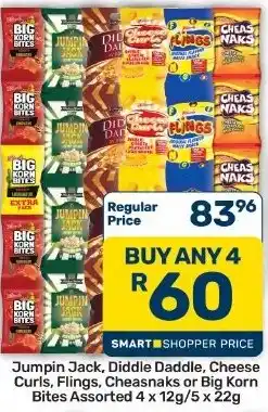 Pick n Pay Hypermarket Jumpin Jack, Diddle Daddle, Cheese Curls, Flings, Cheasnaks or Big Korn Bites Assorted offer