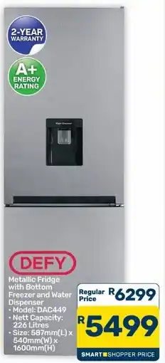 Pick n Pay Hypermarket DEFY Metallic Fridge with Bottom Freezer and Water Dispenser offer