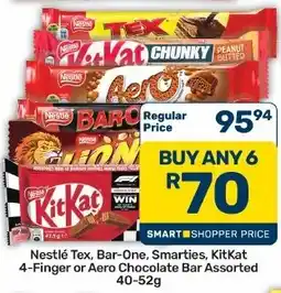 Pick n Pay Hypermarket Nestlé Tex, Bar-One, Smarties, KitKat 4-Finger or Aero Chocolate Bar Assorted offer