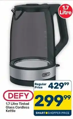 Pick n Pay Hypermarket DEFY 1.7 Litre Tinted Glass Cordless Kettle offer