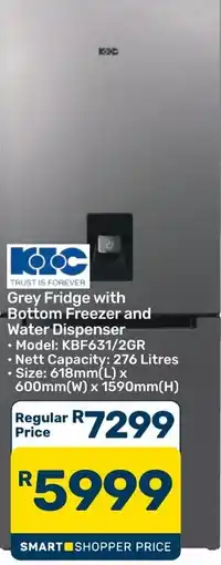 Pick n Pay Hypermarket KOC Grey Fridge with Bottom Freezer and Water Dispenser offer