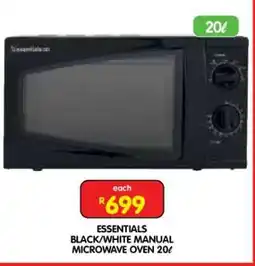 Shoprite ESSENTIALS BLACK/WHITE MANUAL MICROWAVE OVEN 20ℓ offer